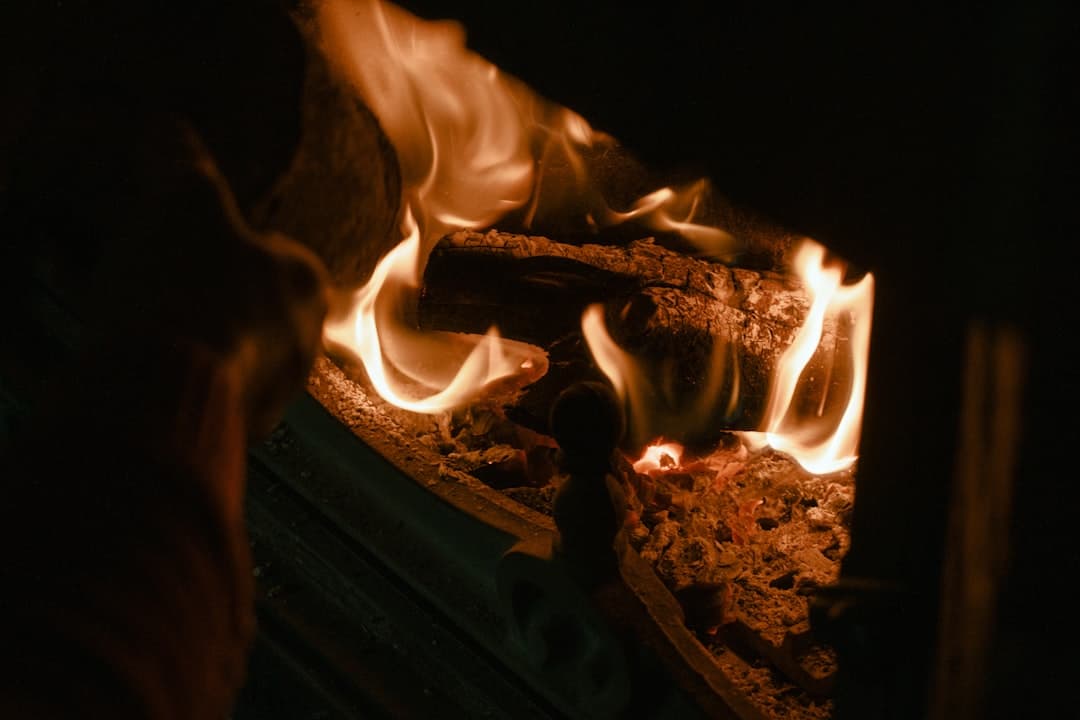 The fire settles down to embers